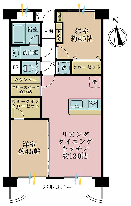 2LDK、専有面積56.56m2、バルコニー面積6.12m2
