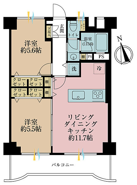 2LDK、専有面積53m2、バルコニー面積6.73m2