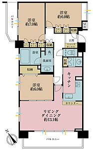 間取り：3LDK、専有面積85.97m2、バルコニー面積14.58m2