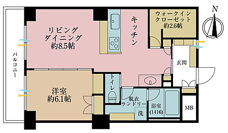 1LDK、専有面積51.87m2、バルコニー面積5.75m2