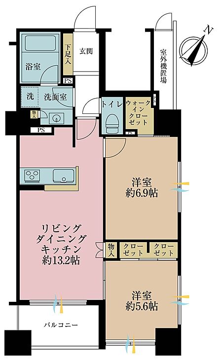 2LDK、専有面積59.16m2、バルコニー面積5.11m2
