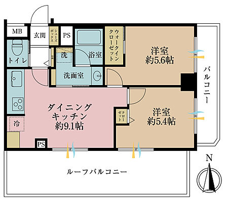 2DK、専有面積45.16m2、バルコニー面積5.67m2