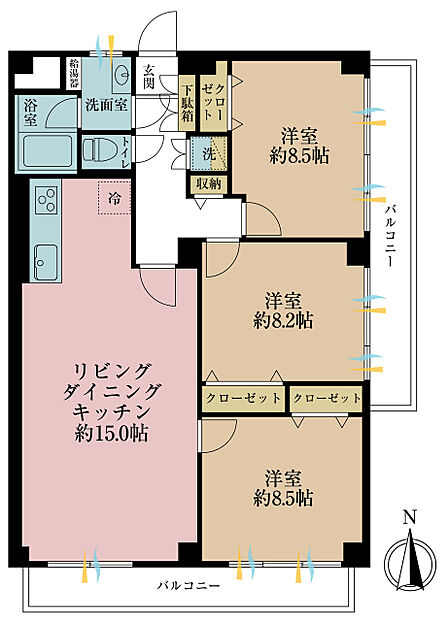 3LDK、専有面積82.88m2、バルコニー面積14.81m2