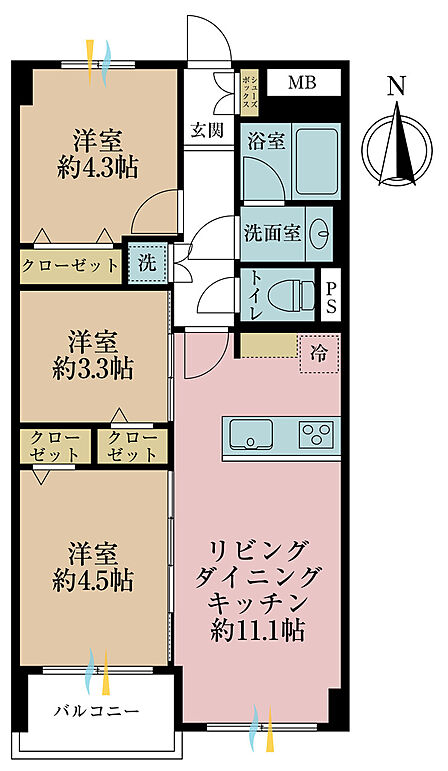 3LDK、専有面積57.8m2、バルコニー面積4.66m2