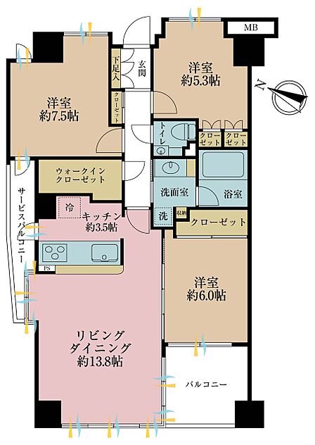 3LDK、専有面積79.66m2、バルコニー面積6.75m2