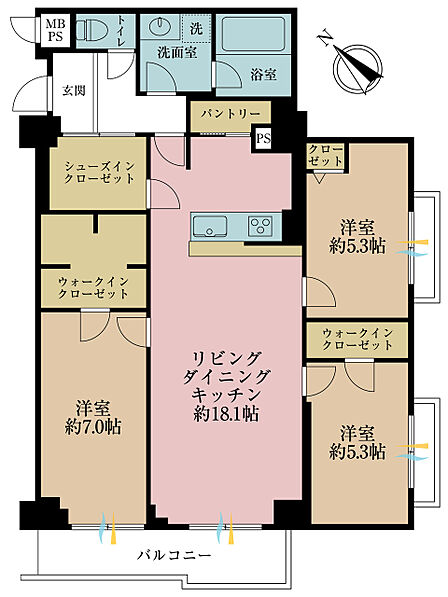 3LDK、専有面積85.67m2、バルコニー面積9.09m2