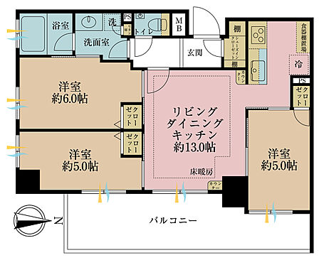 3LDK、専有面積61.83m2、バルコニー面積15.21m2
