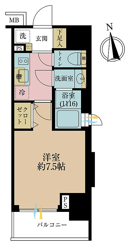 1K、専有面積25.41m2、バルコニー面積3.96m2