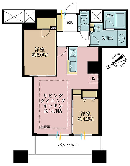 2LDK、専有面積59.51m2、バルコニー面積7.51m2