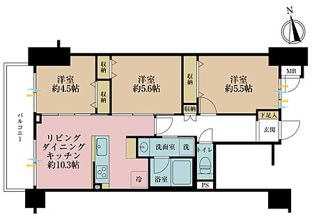 3LDK、専有面積61.33m2、バルコニー面積8.31m2