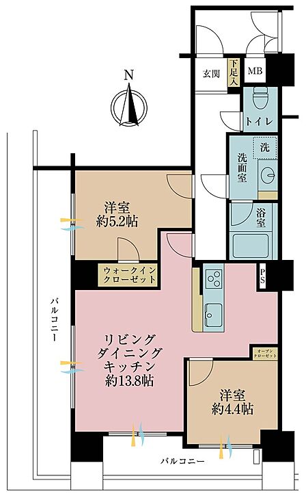 2LDK、専有面積54.82m2、バルコニー面積18.03m2