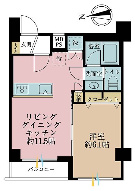 1LDK、専有面積38.61m2、バルコニー面積3m2