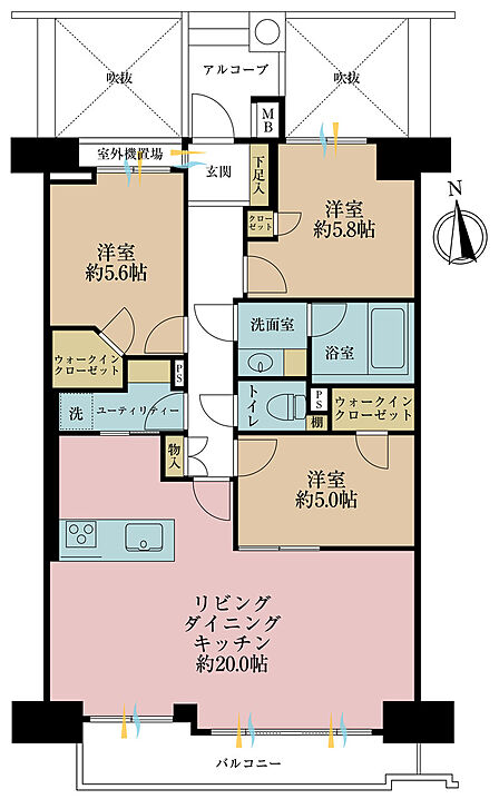 3LDK、専有面積82.88m2、バルコニー面積8.54m2