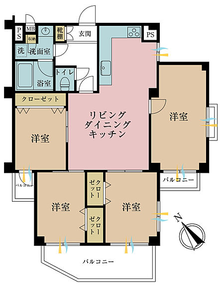 4LDK、専有面積90.34m2、バルコニー面積11.35m2