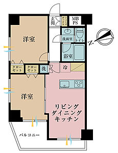 間取り：2LDK、専有面積44.82m2、バルコニー面積9.49m2