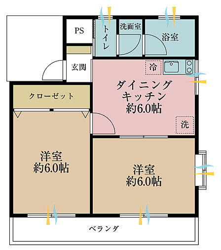 2DK、専有面積35.76m2、バルコニー面積5m2