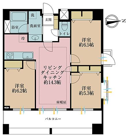 3LDK、専有面積70.44m2、バルコニー面積16.8m2