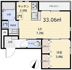 根岸西町フラット 1LDKの間取図画像