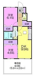 リバーストーン 2DKの間取図画像