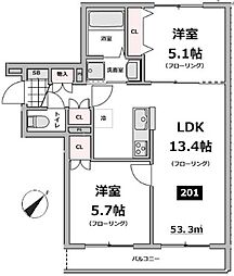 都営新宿線 船堀駅 徒歩10分の賃貸マンション 2階2LDKの間取り
