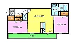 ボーデングラス三国ヶ丘 2LDKの間取図画像
