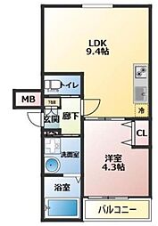D.CREART松原feliz 1LDKの間取図画像