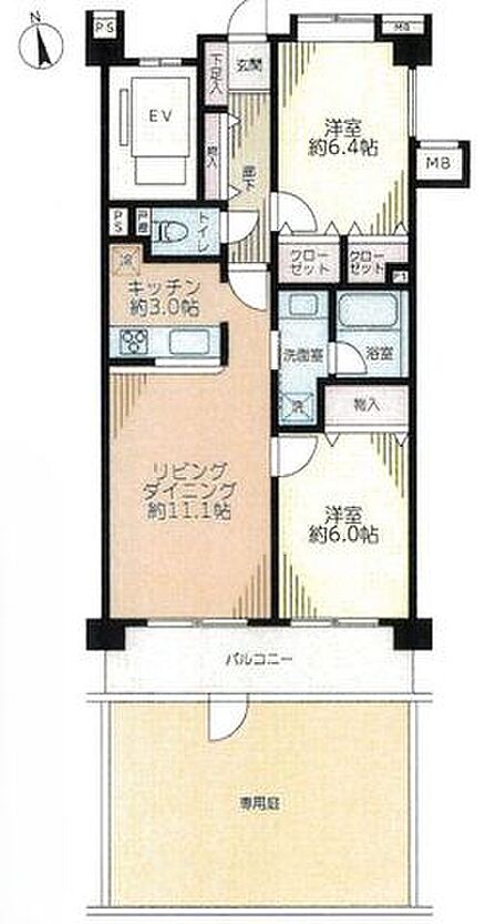 間取図【間取り図】2LDK、専有面積60.81m2、バルコニー面積9.00m2、専用庭面積22.55m2