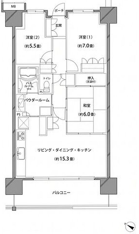 【間取り図】3LDK、専有面積75.42m2、バルコニー面積13.10m2