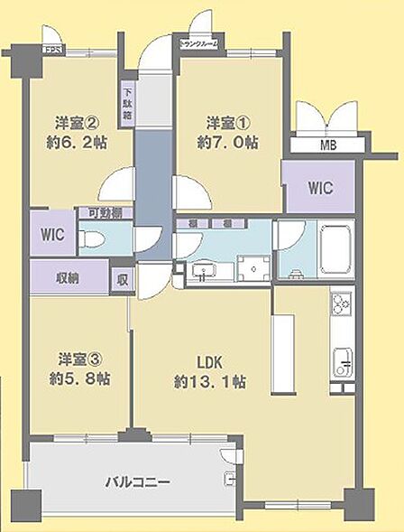 約13.1帖のLDKが魅力の3LDKプラン。全居室収納付きで、WICが2箇所あり、荷物が多い方にも配慮された間取りです。