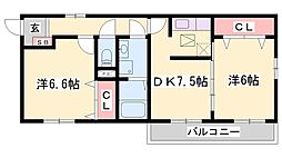 エクラタンC棟 2DKの間取図画像