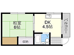 竹葉ハイツ 2階1DKの間取り