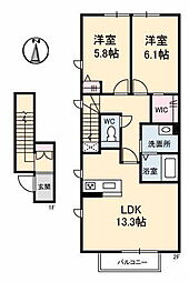 リラフォート東手城3丁目 2LDKの間取図画像