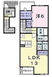 プラシードＳ 2階1LDKの間取り