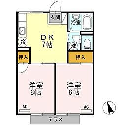 コーポ羽衣　Bガーデン 2階2DKの間取り