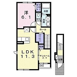 プリムヴェールA 2階1SLDKの間取り