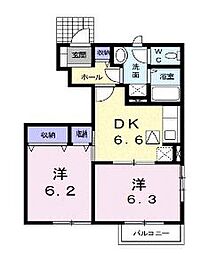 リヴィエールB棟 2DKの間取図画像