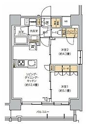 JR京浜東北・根岸線 田町駅 徒歩17分の賃貸マンション 6階2LDKの間取り