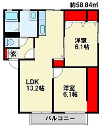 サンハイツ永犬丸B 2LDKの間取図画像