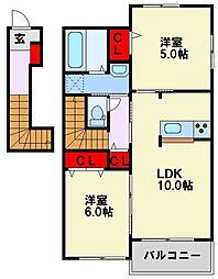 レジデンス木屋瀬B 2LDKの間取図画像