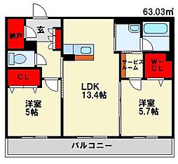 カーサ宮ノ前直方 2LDKの間取図画像