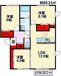 ルナセジュールB 3LDKの間取図画像