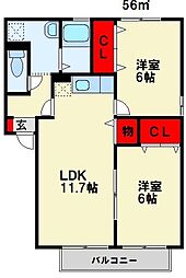 クレール塚の原A 2LDKの間取図画像