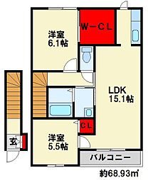 グランドゥール大地　A棟 2階2LDKの間取り