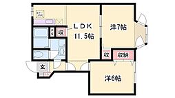 クレストール上野田A棟 2LDKの間取図画像