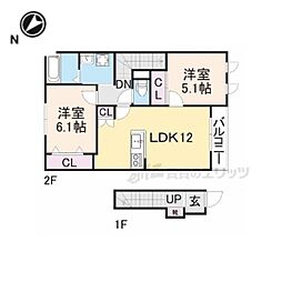 近鉄田原本線 黒田駅 徒歩17分の賃貸アパート 2階2LDKの間取り