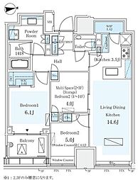 東京メトロ有楽町線 市ケ谷駅 徒歩8分の賃貸マンション 3階2LDKの間取り