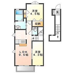 JR山陽本線 岡山駅 徒歩15分の賃貸アパート 2階2LDKの間取り