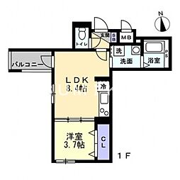 JR宇野線 大元駅 徒歩14分の賃貸アパート 3階1LDKの間取り