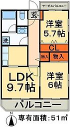 メゾン・ド・ボヌール梅島 2DKの間取図画像
