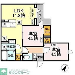 セレスティア扇III 1階2LDKの間取り